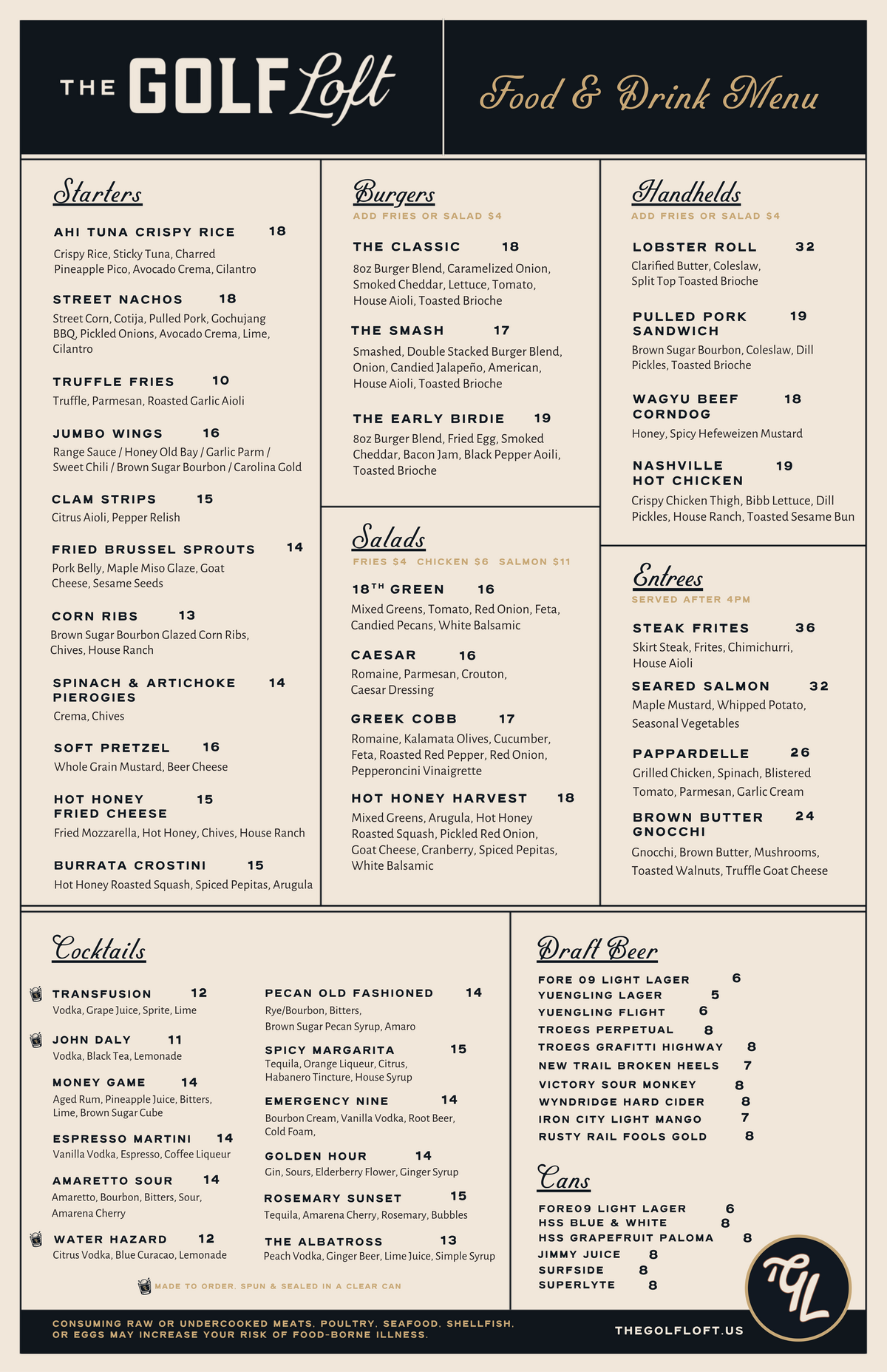A look at the tentative menu at The Golf Loft’s location in Happy Valley.